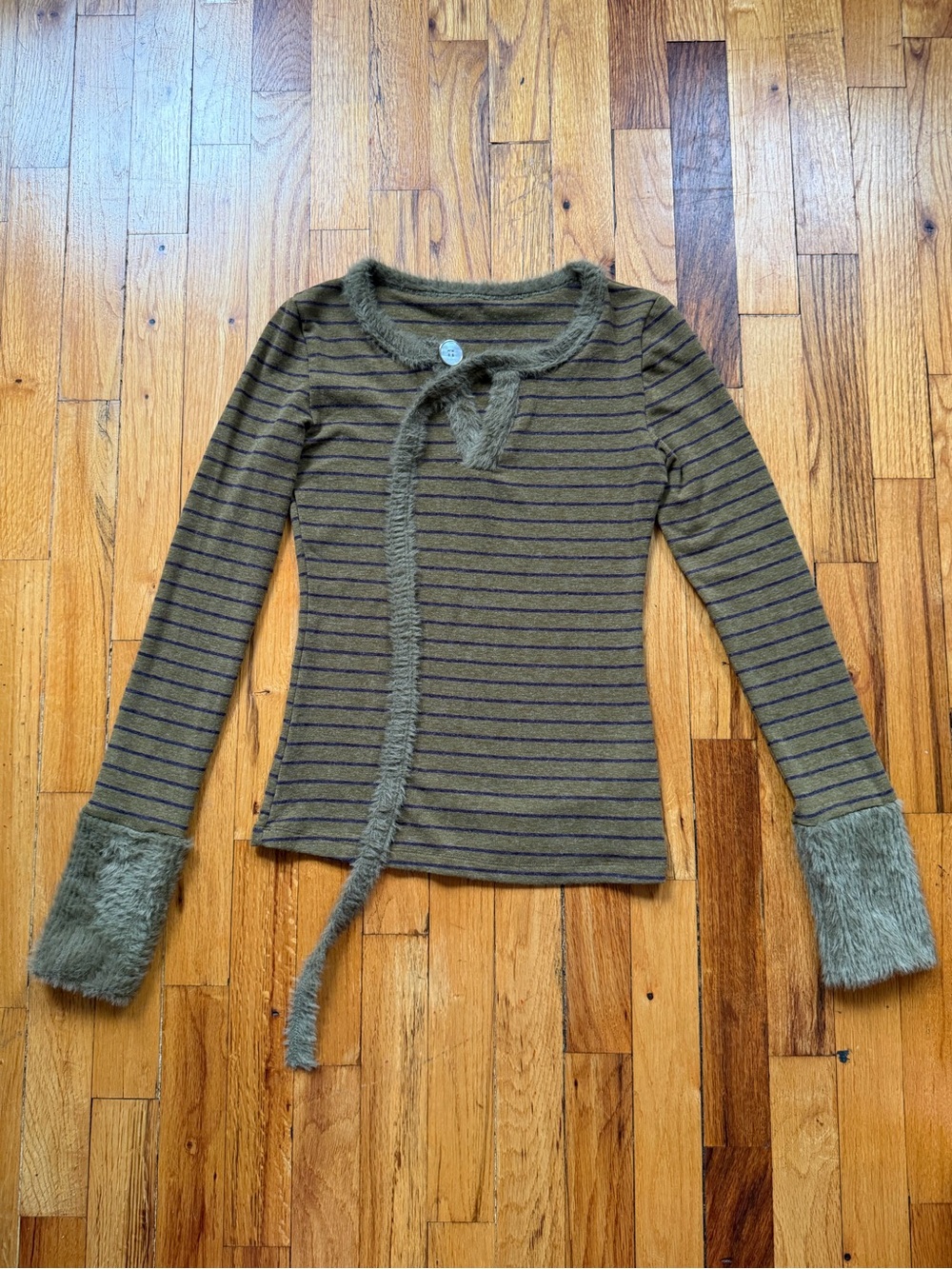 Olive Green Striped Fuzzy Cuff Women's top